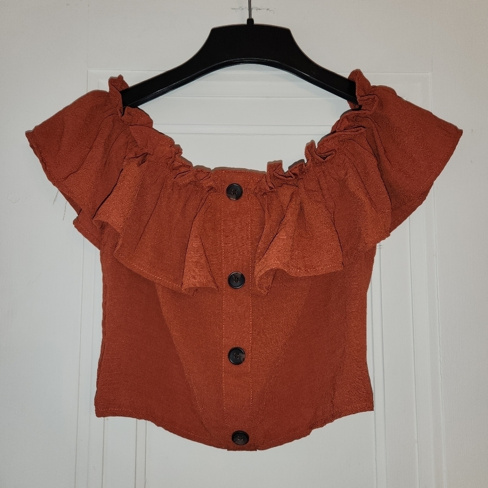 LOVE LETTER COLLECTION boho cropped off shoulder top Cottagecore Burnt Orange - Picture 1 of 8